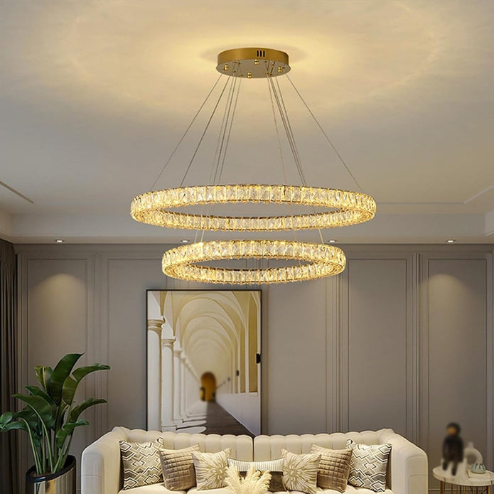 BAMDECOR C3313/2 Modern Crystal Chandeliers Lighting Fixtures Contemporary Round Chandelier Lighting Fixtures Crystal Pendant Ceiling Lights(Gold)