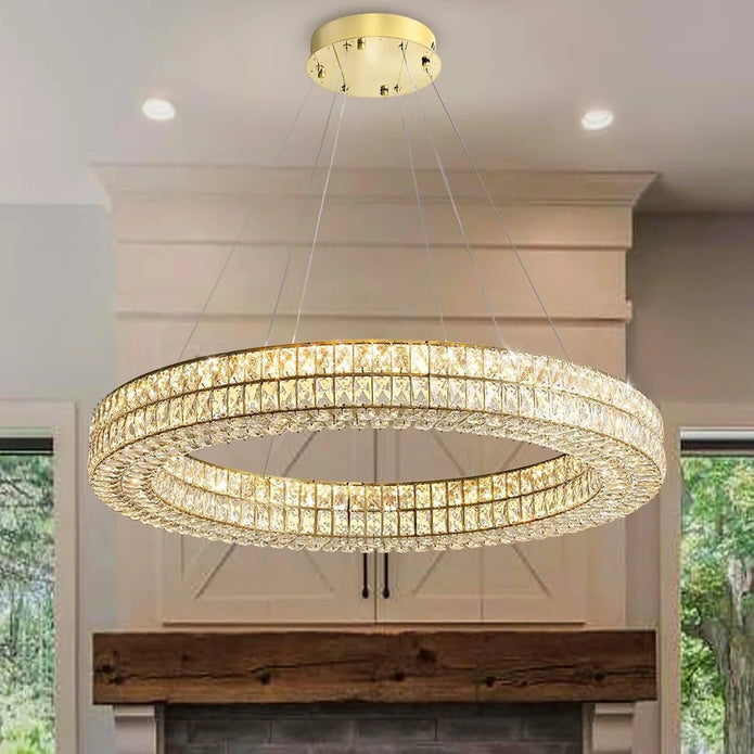 BAMDECOR C3332/1  Round Luxury Crystal Chandelier Modern LED Crystal Chandelier LED Ring Pendant Light Stainless Steel Ceiling Lamp Hanging Lights,for Dining Living Room (Gold)