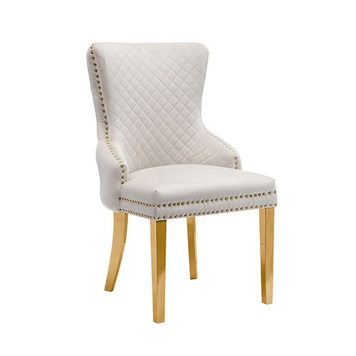 Set of 2 Beige Velvet Dining Chairs – Button Studded Ring Back Design Golden Legs