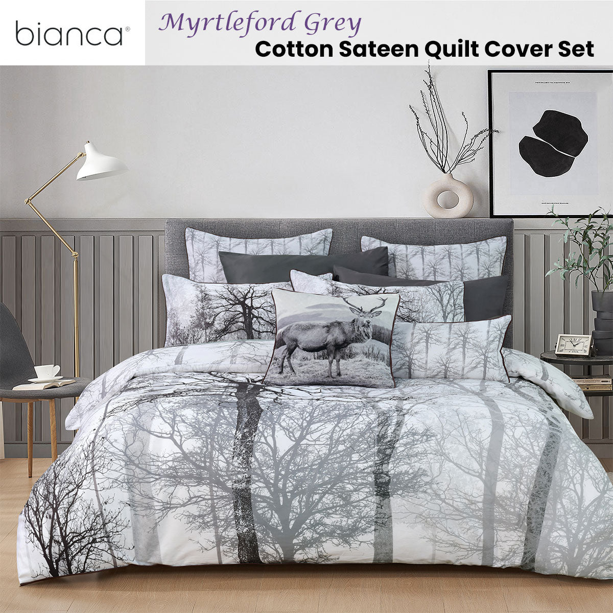 Bianca Myrtleford Grey Cotton Sateen Quilt Cover Set