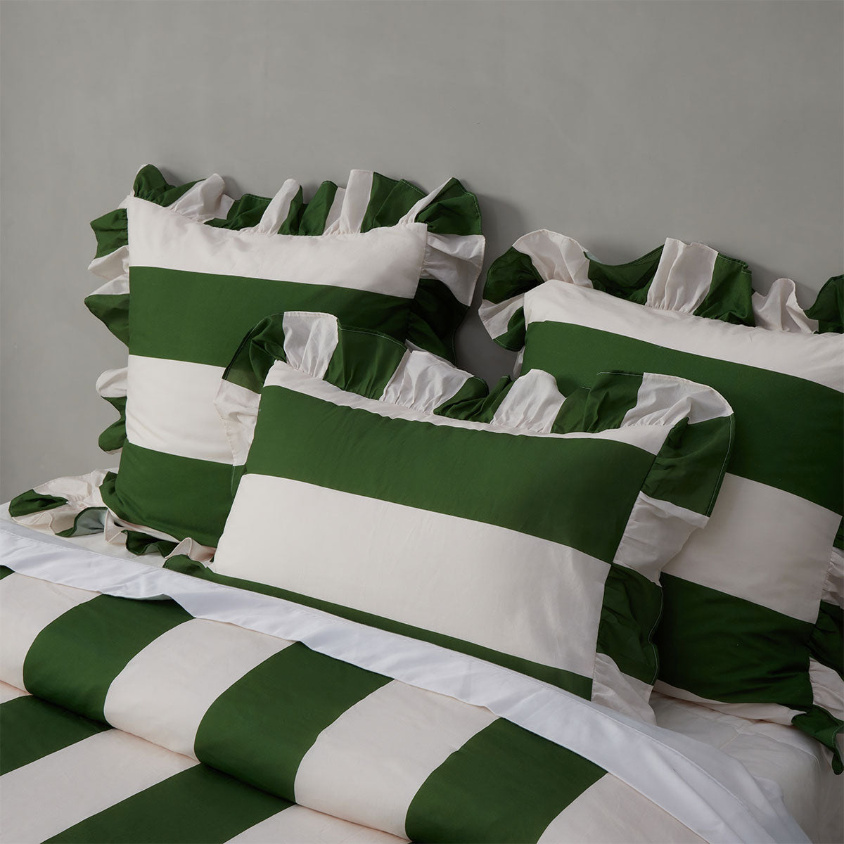 Vintage Design Homewares Candy Ruffle Green Striped Washed Cotton Quilt Cover Set Super King