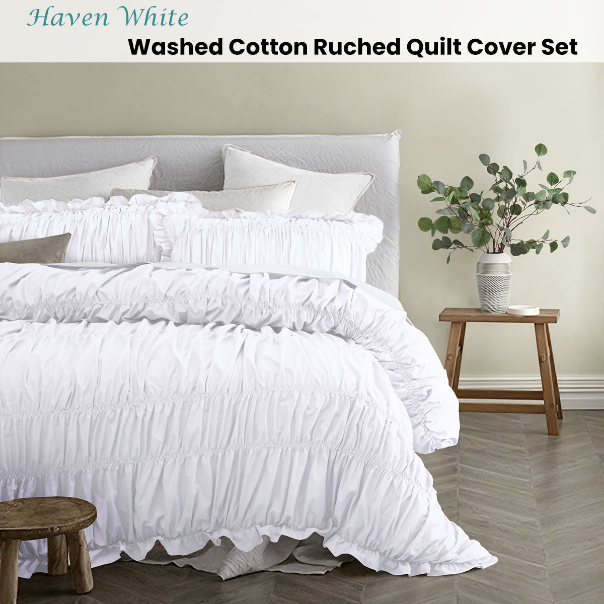 Vintage Design Homewares Haven White Washed Cotton Ruched Quilt Cover Set