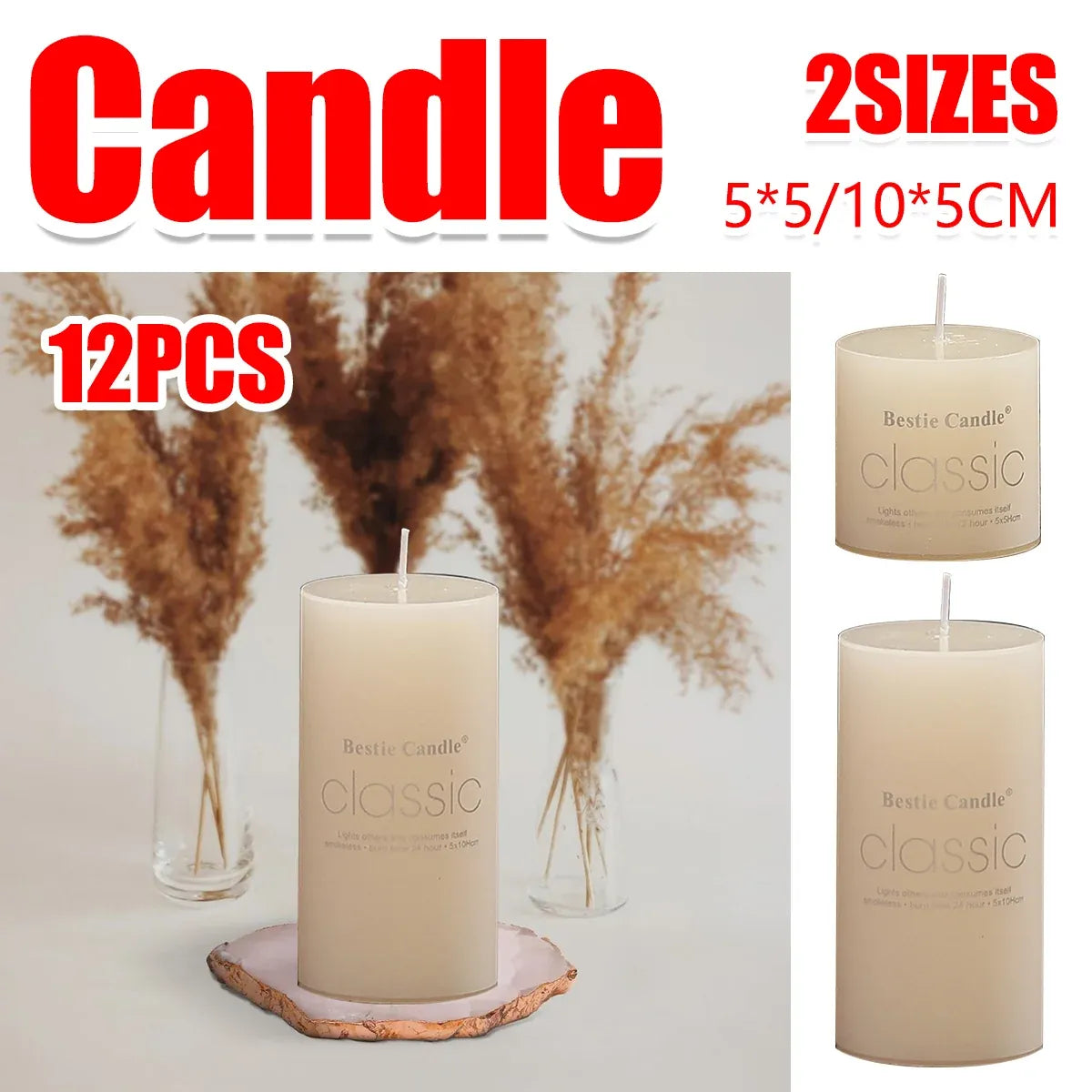 12pcs White Cylindrical Pillar Candles For Wedding Decor Long Burning Unscented - 5x5cm
