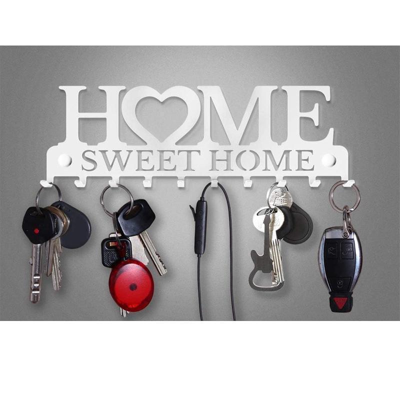 Retro Metal Iron Wall Hanging Mounted 10 Key Hooks Storage Holder Hook Rack - White