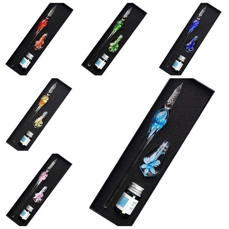 Crystal Flower Glass Dipping Dip Pen Writing Set Gift Pack Fountain Calligraphy - Orange