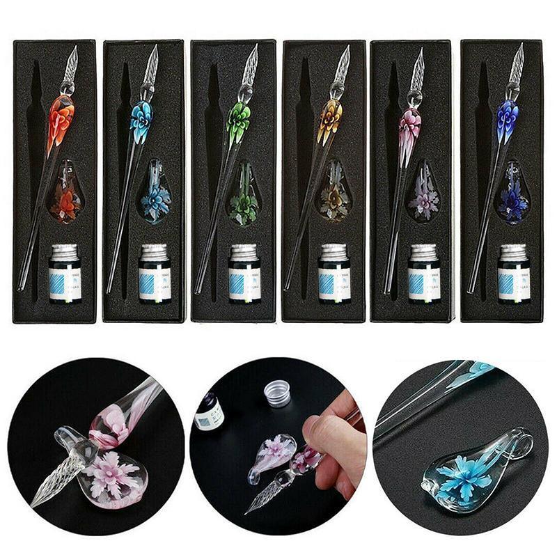 Crystal Flower Glass Dipping Dip Pen Writing Set Gift Pack Fountain Calligraphy - Orange