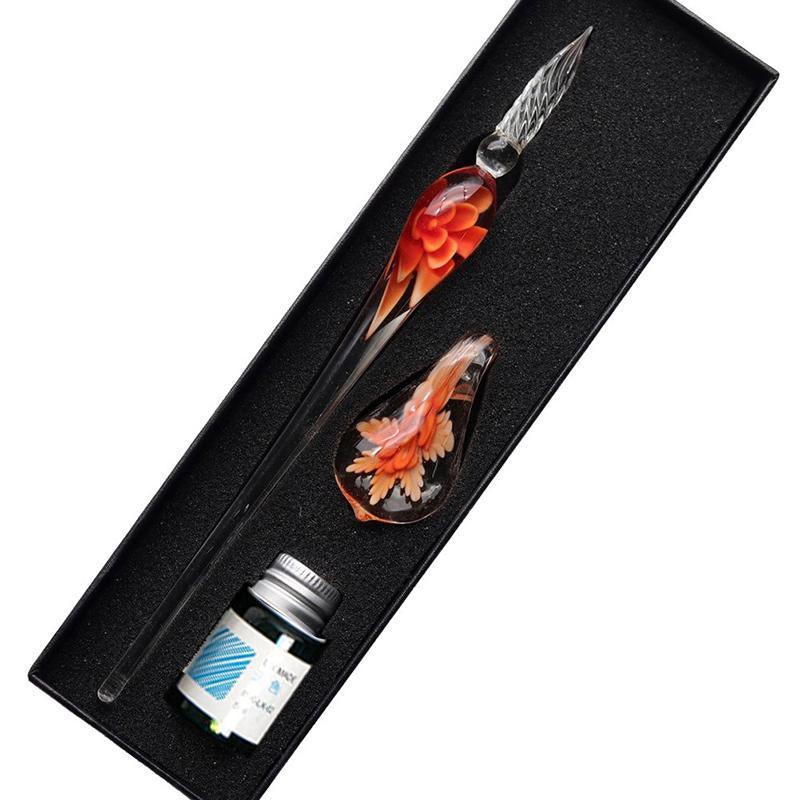 Crystal Flower Glass Dipping Dip Pen Writing Set Gift Pack Fountain Calligraphy - Orange