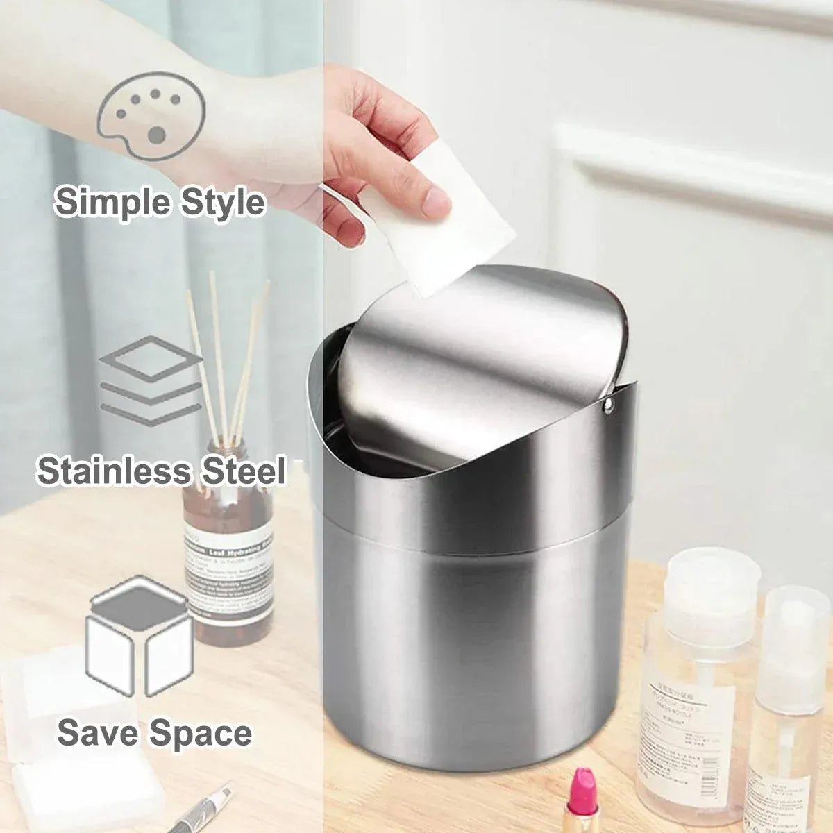 Stainless Steel Mini Desktop Wastebasket Organizer Compact Waste Bin for Office