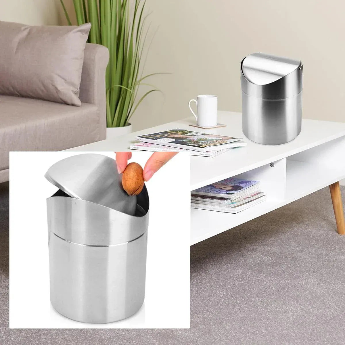 Stainless Steel Mini Desktop Wastebasket Organizer Compact Waste Bin for Office