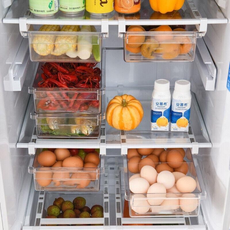 2PCS Adjustable Fridge Drawer Storage Box Under Shelf Refrigerator Organizer