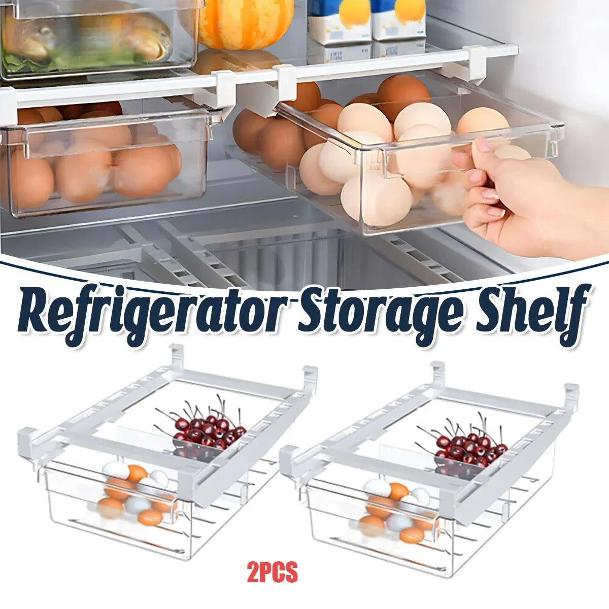 2PCS Adjustable Fridge Drawer Storage Box Under Shelf Refrigerator Organizer