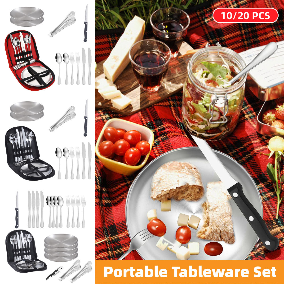 10/20PCS Camping Cutlery Set Outdoor Picnic Utensils Plates Spoons Forks Knives - Black-2 People