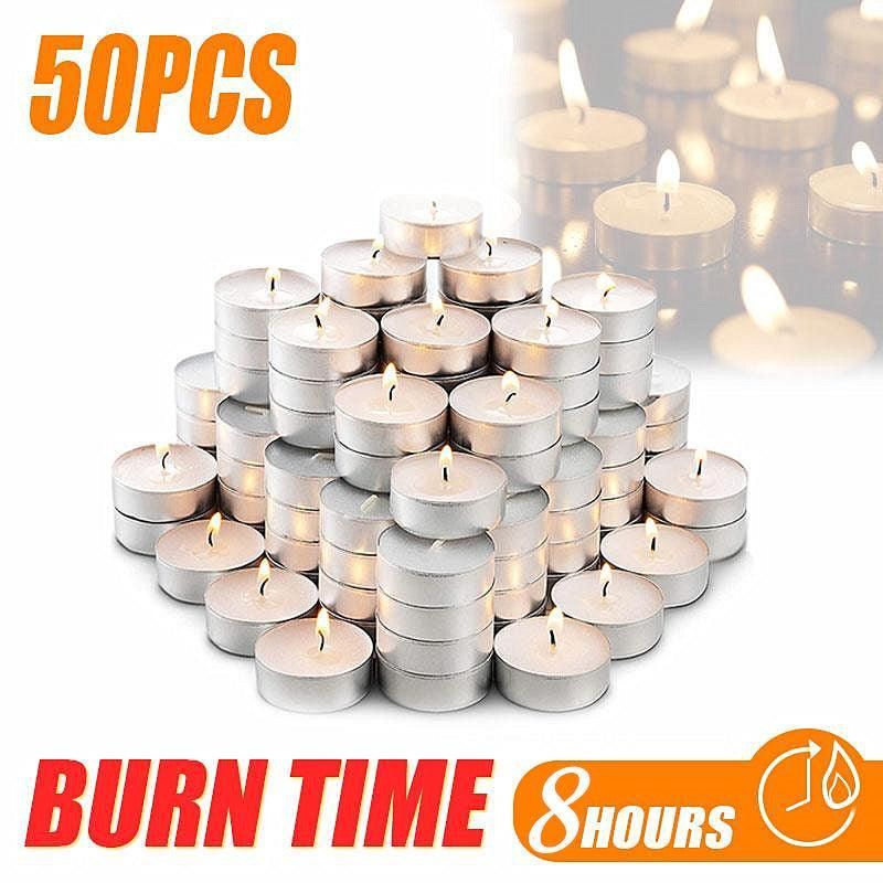 Long Lasting Tealight Candles Set 50PCS White Smokeless Paraffin Wax Cup