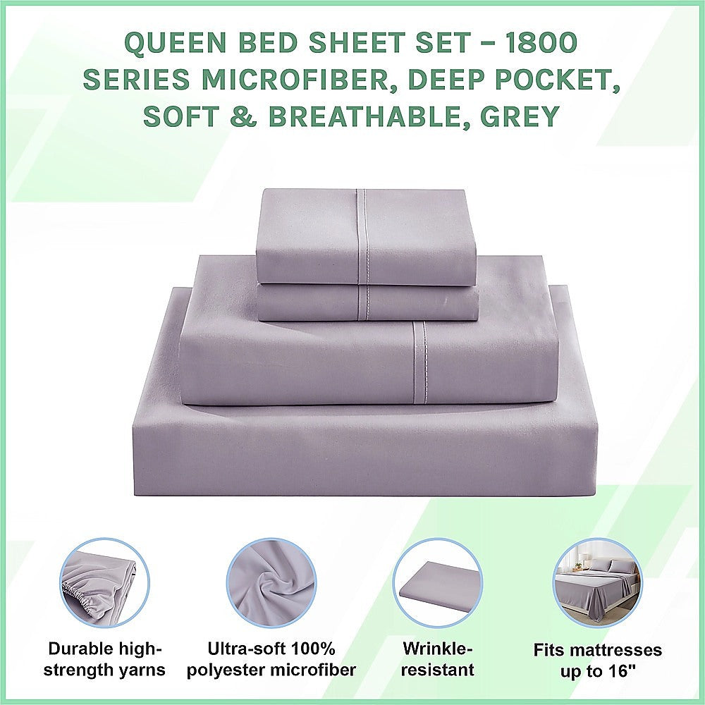 Bed Sheet Set – 1800 Series Microfiber, Deep Pocket, Soft & Breathable, Grey
