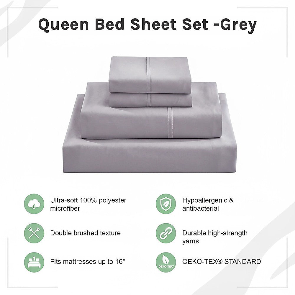 Bed Sheet Set – 1800 Series Microfiber, Deep Pocket, Soft & Breathable, Grey