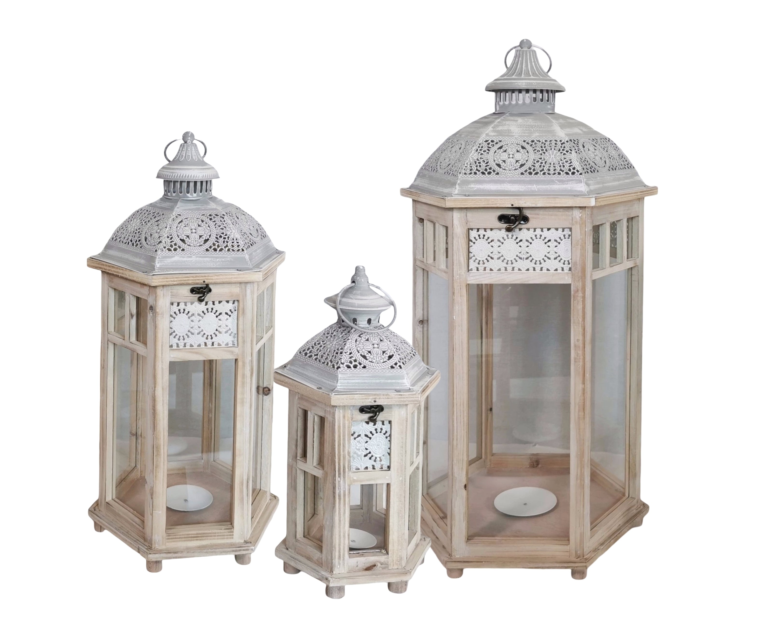 Wooden Lantern Set White Metal Top Outdoor Decorative Lanterns 76cm