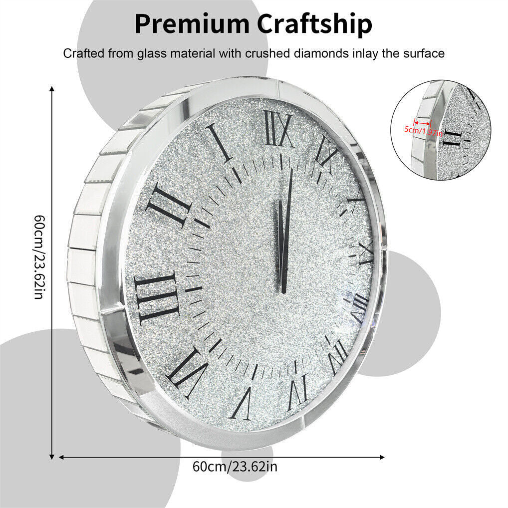 Large Silver Wall Clock Twinkle Crushed Diamond Mirrored Clock With Beveled Edge