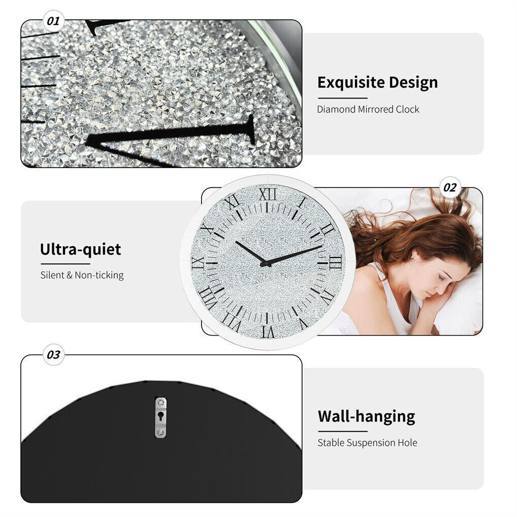 Large Silver Wall Clock Twinkle Crushed Diamond Mirrored Clock With Beveled Edge