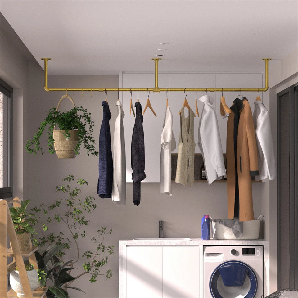 Vintage Gold Wall-Mounted Clothes Rack – Strong Metal Garment Hanging Rail