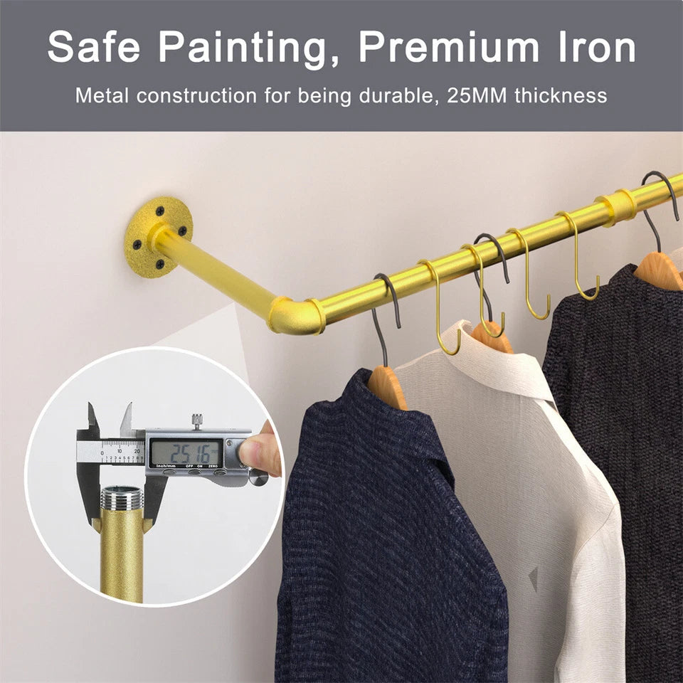 Vintage Gold Wall-Mounted Clothes Rack – Strong Metal Garment Hanging Rail