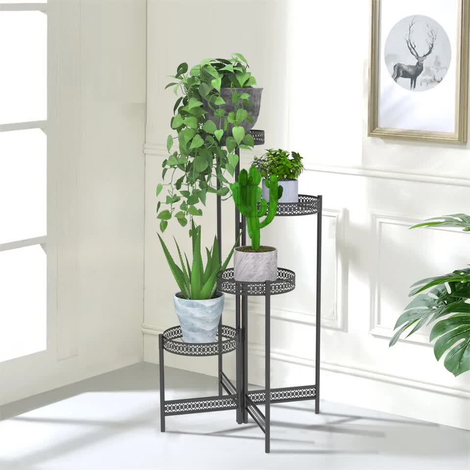 4Tier Foldable Corner Tall Plant Stand Metal Flower Display Rack Indoor Outdoor