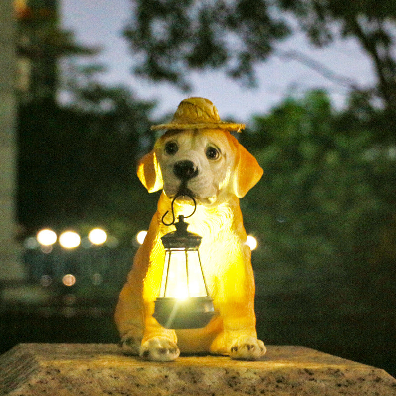 Solar Dog Garden Statue with LED Lantern Outdoor Waterproof Decor