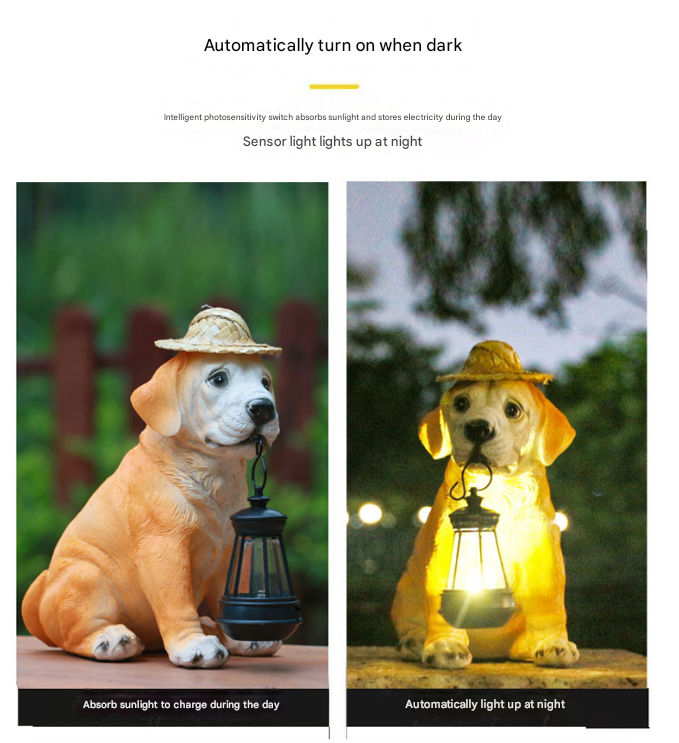 Solar Dog Garden Statue with LED Lantern Outdoor Waterproof Decor