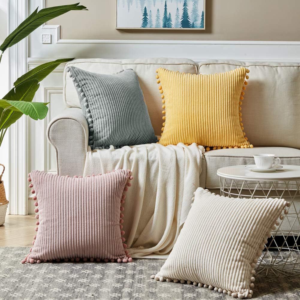 Orange Soft Corduroy Cushion Covers with Pom Pom Trim - Set of 2 Decorative Throw Pillow Cases for Sofa Couch Bed, 45x45cm