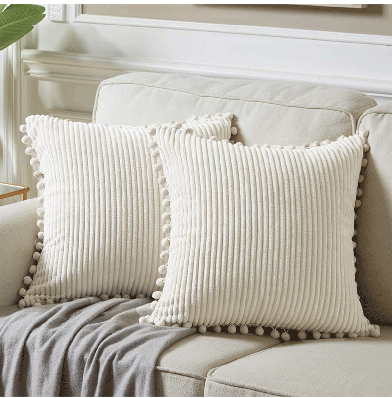 Orange Soft Corduroy Cushion Covers with Pom Pom Trim - Set of 2 Decorative Throw Pillow Cases for Sofa Couch Bed, 45x45cm