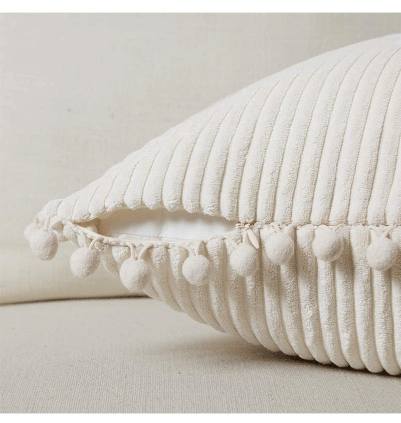 Black Soft Corduroy Cushion Covers with Pom Pom Trim - Set of 2 Decorative Throw Pillow Cases for Sofa Couch Bed, 45x45cm