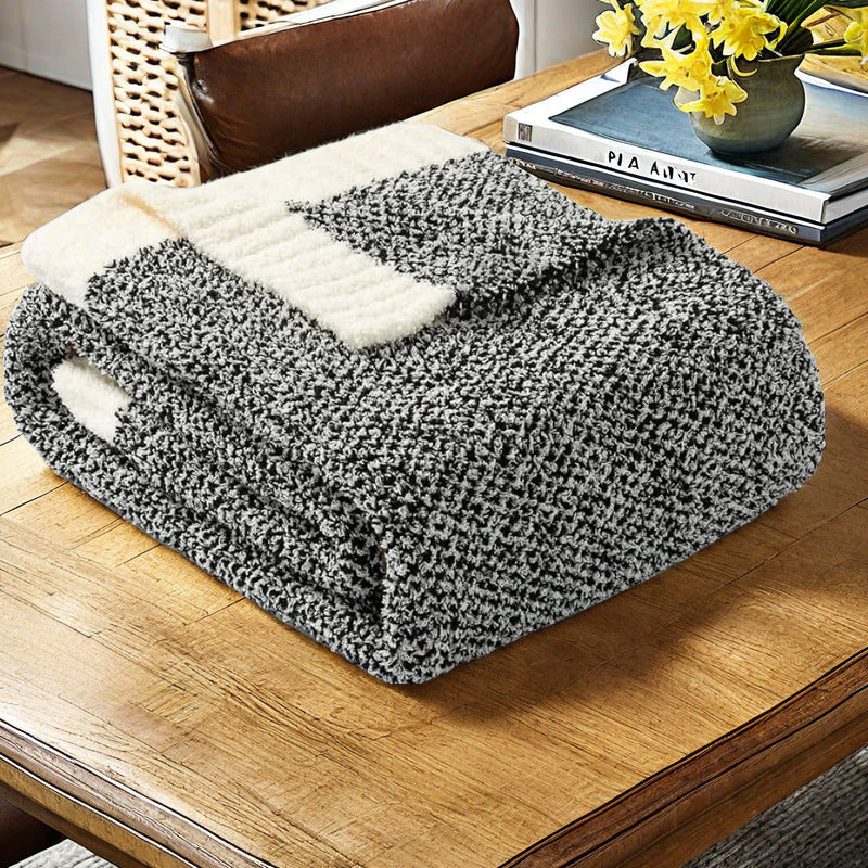 Pink and White Plush Chenille-Knit Throw Blanket - Soft Cozy Polyester for Bed & Sofa | Textured Two-Tone Design (127x153cm)