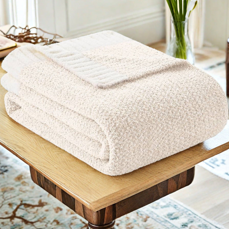 Pink and White Plush Chenille-Knit Throw Blanket - Soft Cozy Polyester for Bed & Sofa | Textured Two-Tone Design (127x153cm)