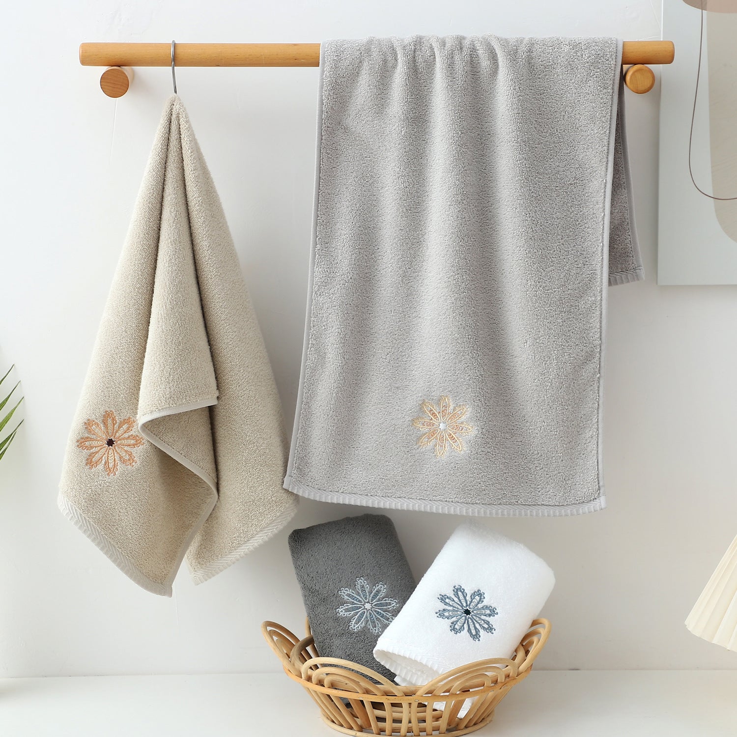 Beige 4-Pack Elegant Orange Floral Embroidered Cotton Hand Towels - Ultra Soft & Absorbent