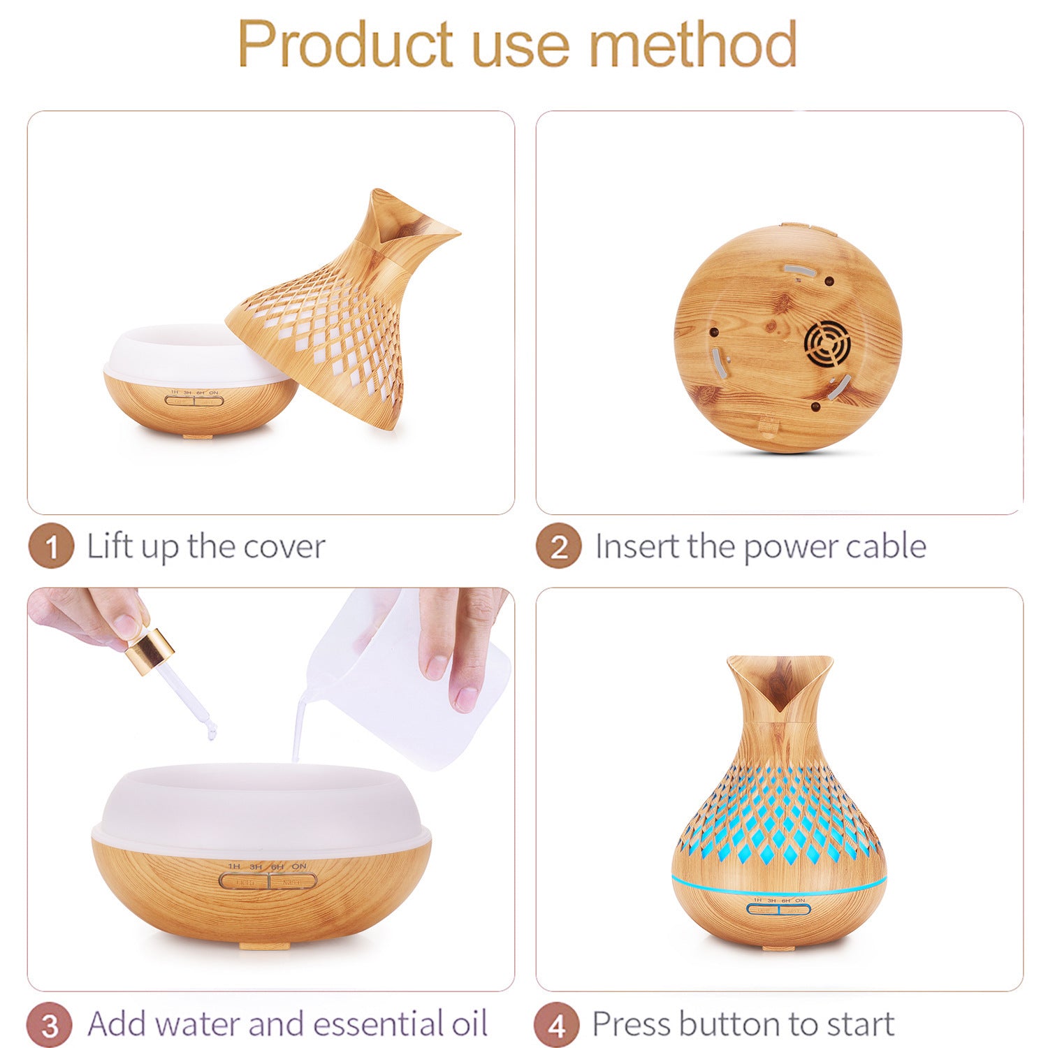 Wood Grain 500ml Wood-Grain Essential Oil Aroma Diffuser with Lattice Design and Humidifier