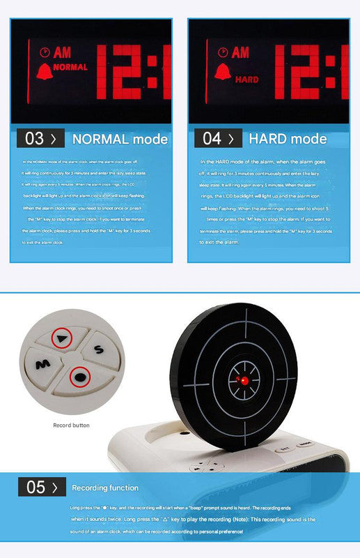 Gun Alarm Clock - Target Shooting Alarm with Infrared Gun, Recordable Alarm & Game Modes(Black)