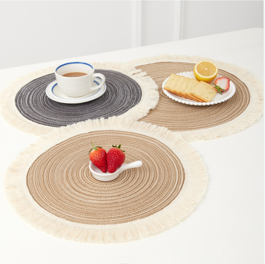 Blue Chic Round Woven Placemats with Tassel Fringe - Set of 4, Cotton Ramie Blend, Heat Resistant Table Mats