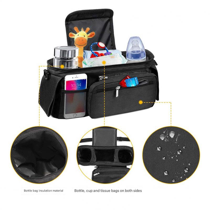 Black and Pink Stitching Universal Stroller Organiser Caddy with Insulated Cup Holders and Detachable Wristlet