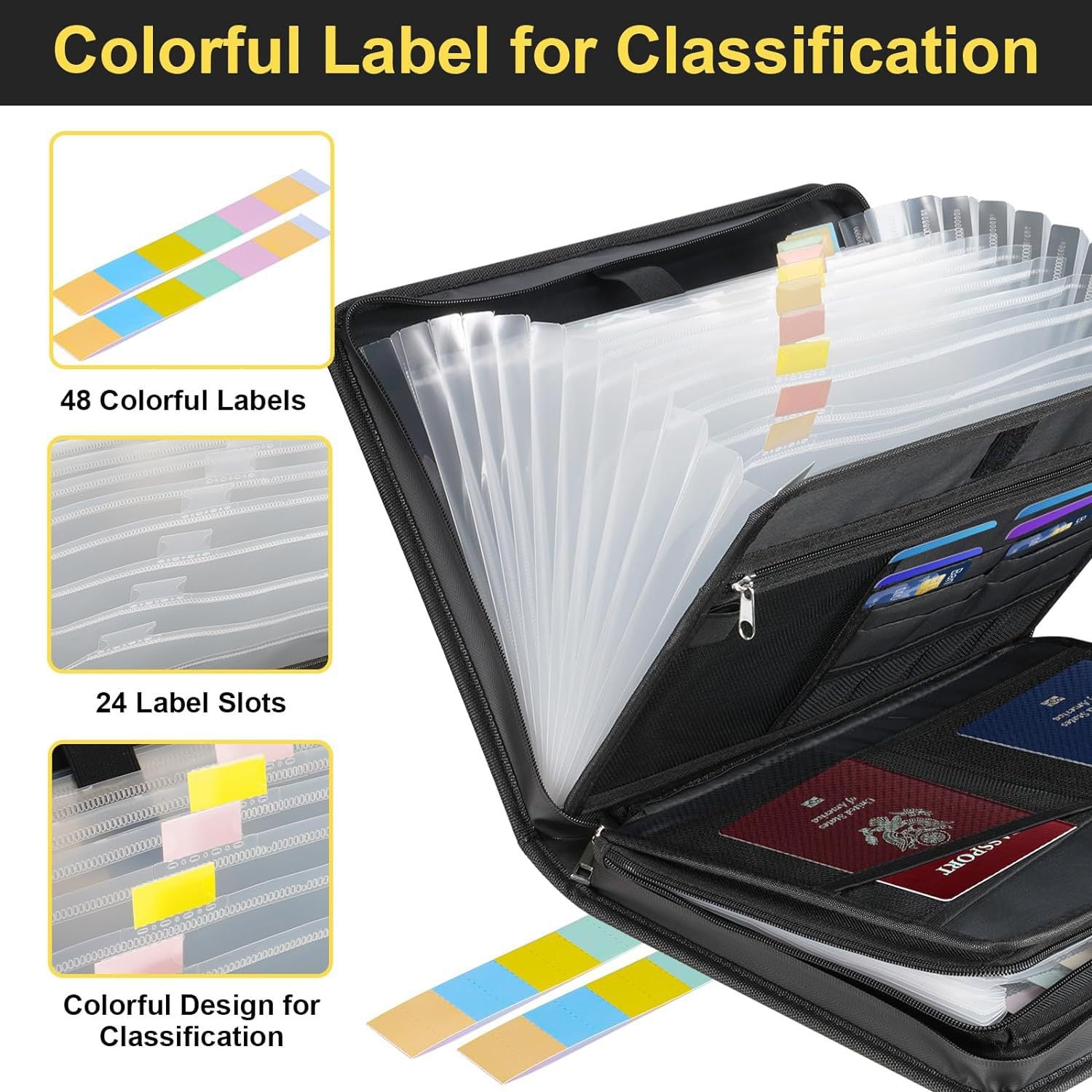 Fireproof & Waterproof Expanding File Folder Organizer with Zipper - Large Capacity Document Safe Bag(Black with handle model)