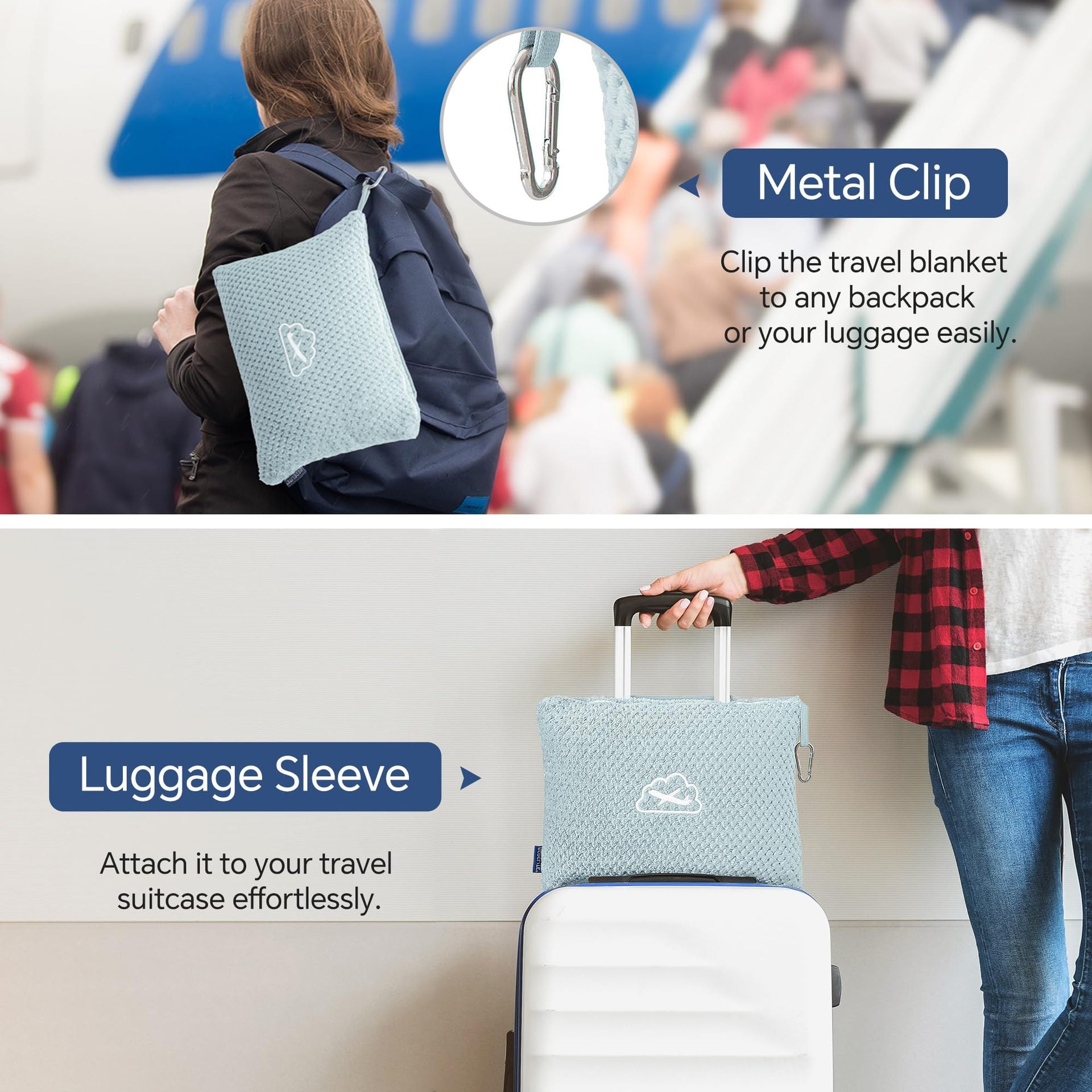 Black 2-in-1 Premium Travel Blanket and Pillow Soft Fleece Airplane Throw 165cm x 100cm Foldable Cushion with Luggage Clip Ideal for Flights and Road Trips