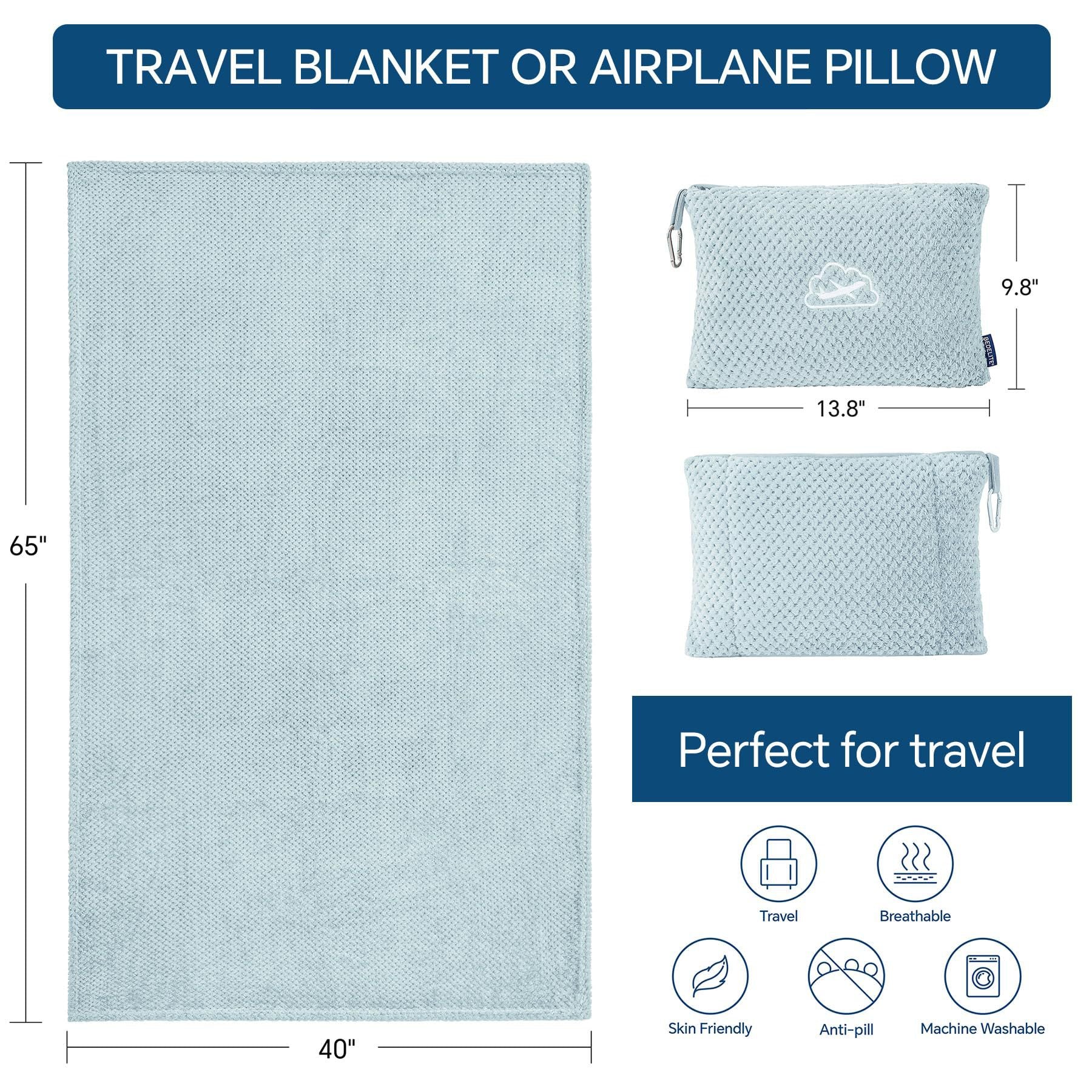 Black 2-in-1 Premium Travel Blanket and Pillow Soft Fleece Airplane Throw 165cm x 100cm Foldable Cushion with Luggage Clip Ideal for Flights and Road Trips