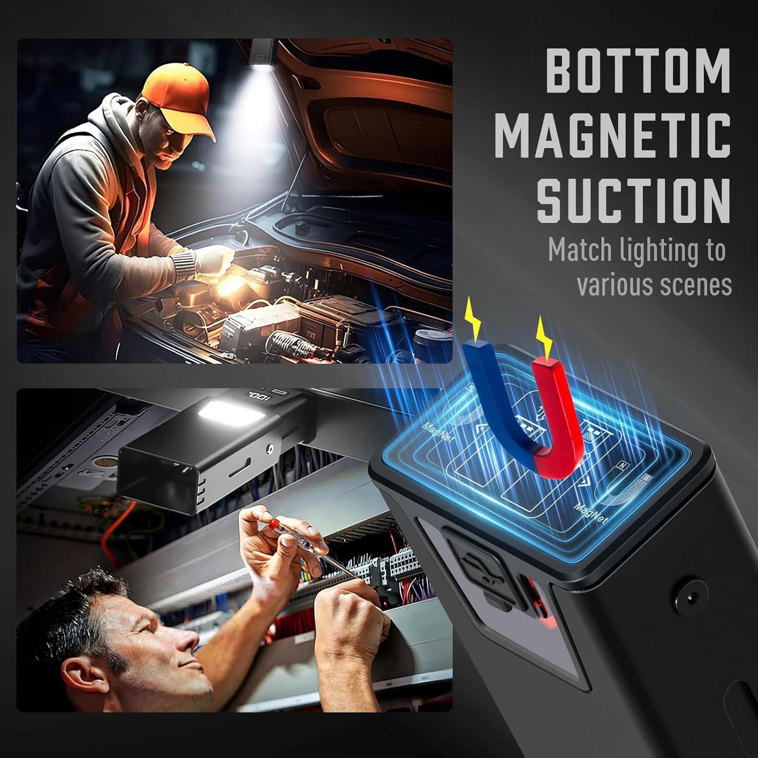 Black Magnetic Flashlight: Spotlight, COB Flood,  Red&Blue Warning