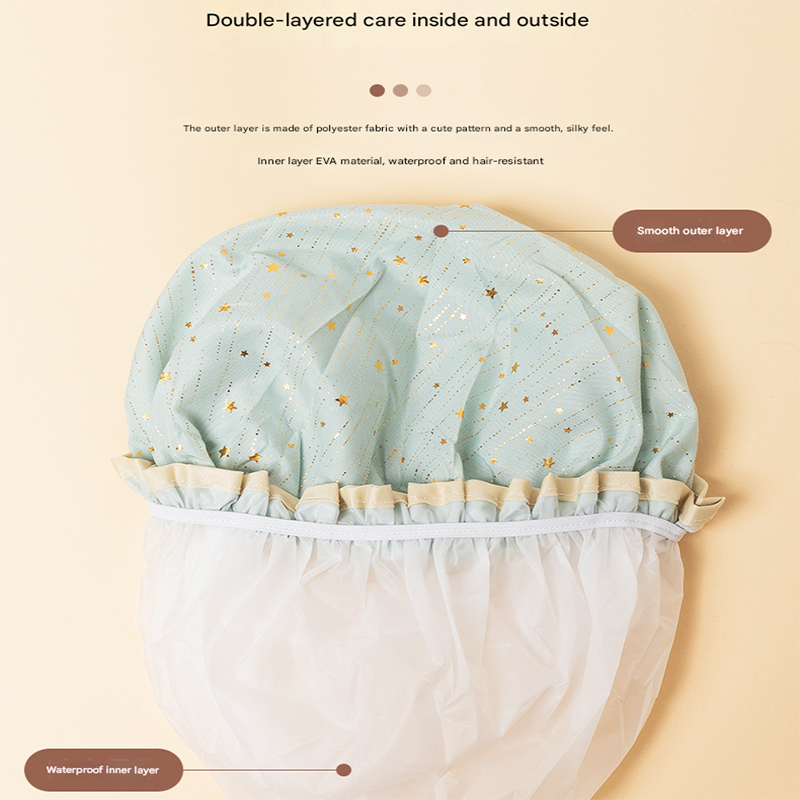 3 Pack The light green of the starry sky Double Layer Shower Cap for Women Waterproof Bath Hair Cover Reusable Elastic Hat for Spa Salon and Home Use