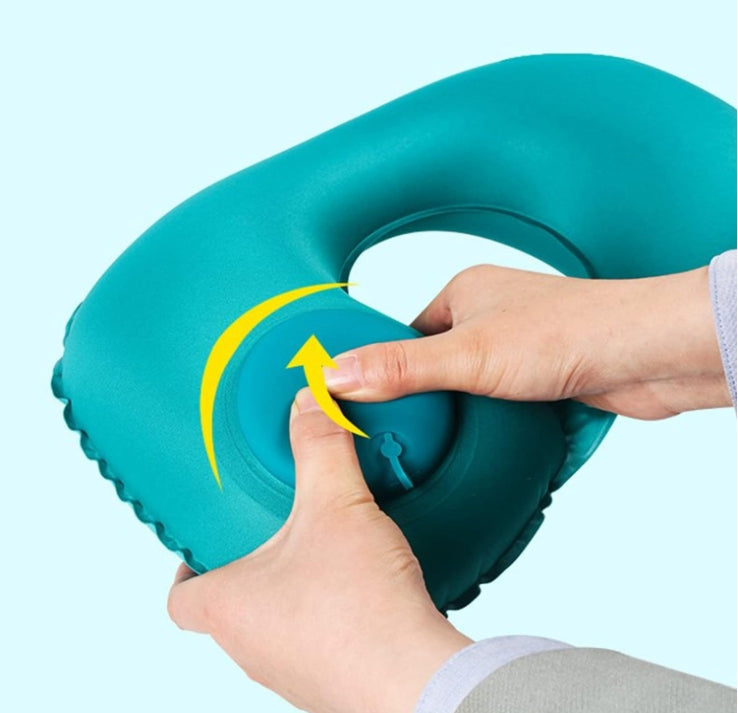 2-PCS Grey  Inflatable Travel Neck Pillow Press to Inflate U-Shape Soft Flocking Support Cushion for Airplane Car & Camping Portable Air Pump Design