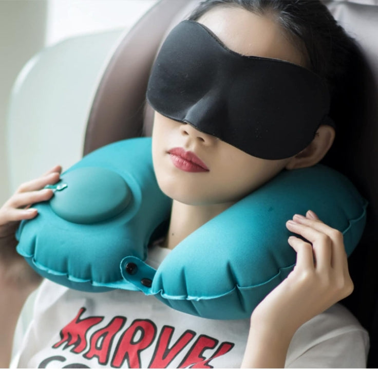 2-PCS Grey  Inflatable Travel Neck Pillow Press to Inflate U-Shape Soft Flocking Support Cushion for Airplane Car & Camping Portable Air Pump Design