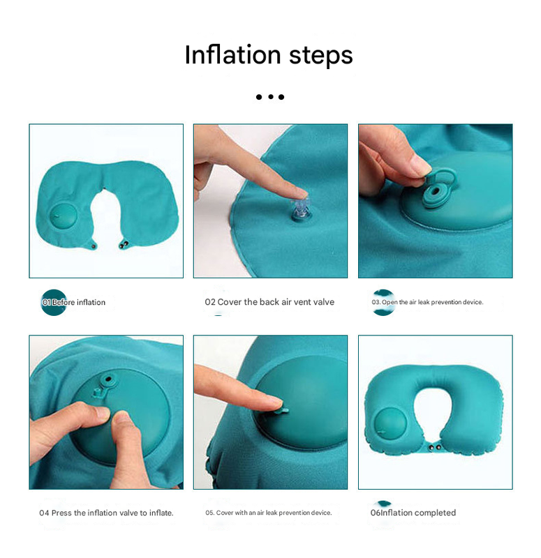 2-PCS Grey  Inflatable Travel Neck Pillow Press to Inflate U-Shape Soft Flocking Support Cushion for Airplane Car & Camping Portable Air Pump Design