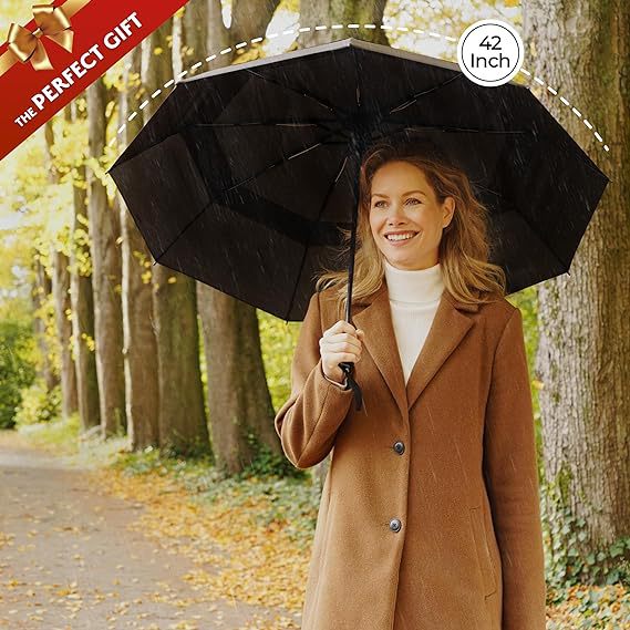 Blue Automatic Windproof Travel Umbrella Compact Folding Umbrella Auto Open and Close with Vented Double Canopy for Rain and Sun