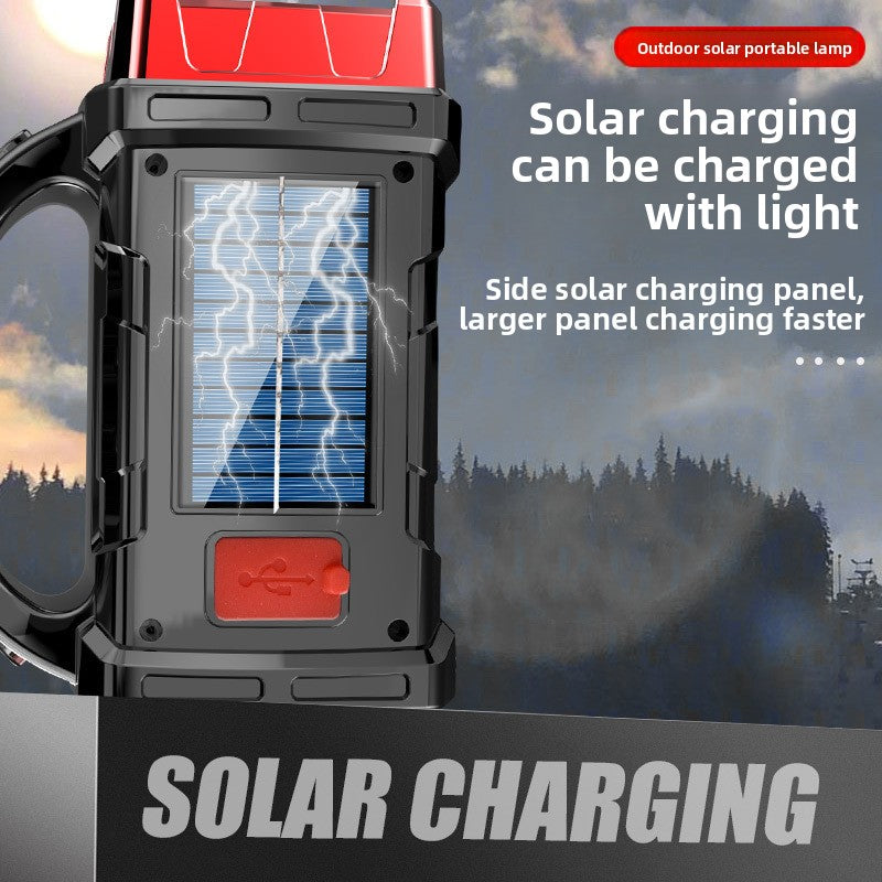 Red Solar Powered LED Camping Lantern and Flashlight Rechargeable Portable Searchlight with Side Light and USB Power Bank for Outdoor Emergency