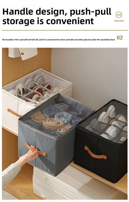 Foldable Shoe Storage Box 12 Compartments Breathable Non-Woven Fabric Wardrobe Organiser with Clear Lid Lightweight Shoe Container Grey 43cm