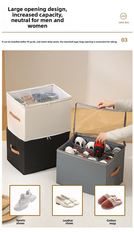 Foldable Shoe Storage Box 12 Compartments Breathable Non-Woven Fabric Wardrobe Organiser with Clear Lid Lightweight Shoe Container Grey 43cm