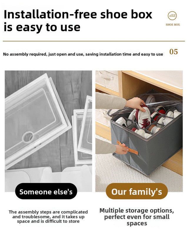 Foldable Shoe Storage Box 12 Compartments Breathable Non-Woven Fabric Wardrobe Organiser with Clear Lid Lightweight Shoe Container Grey 43cm